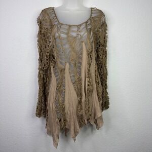 Urban Mango Shirt L Brown Distressed Crochet Knit Asymmetrical Boho Art Festival